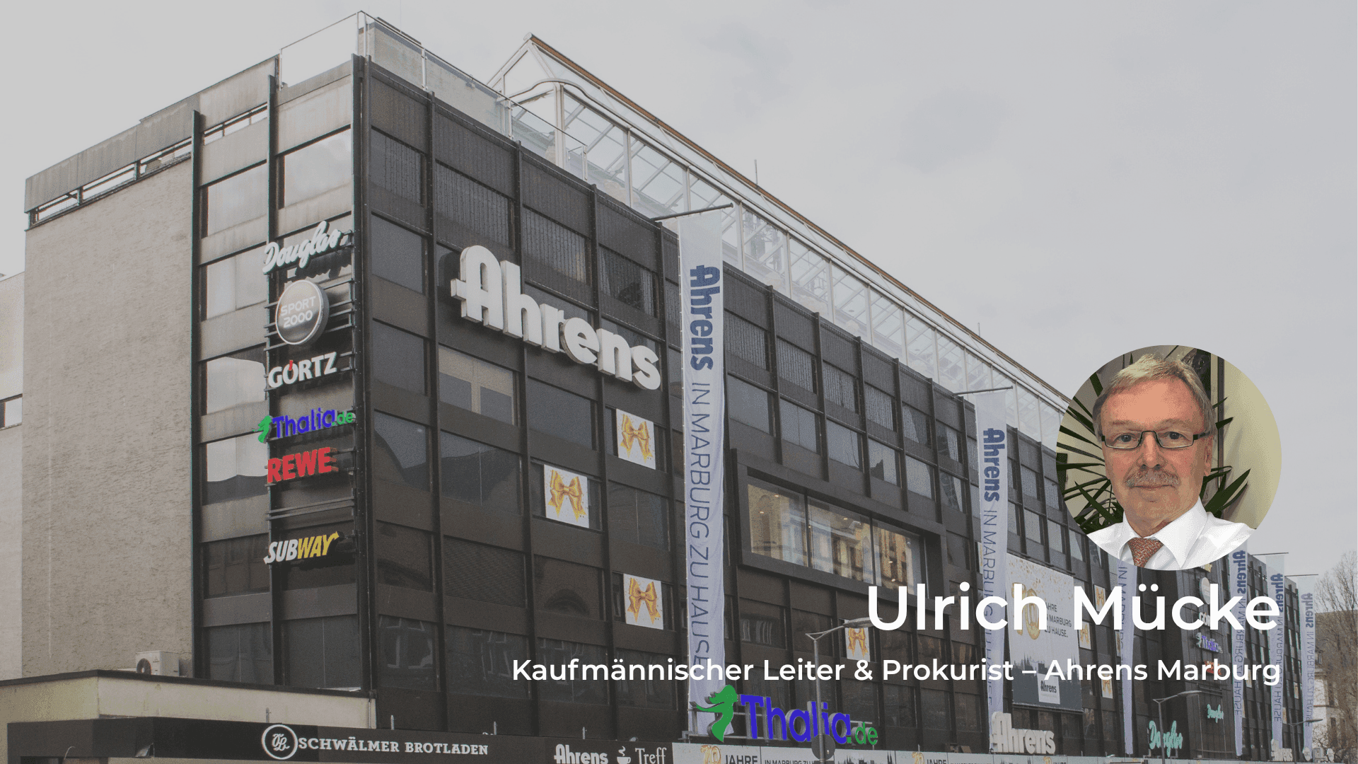 Ahrens department store building with visible brand logos and an overlay of Ulrich Mücke.