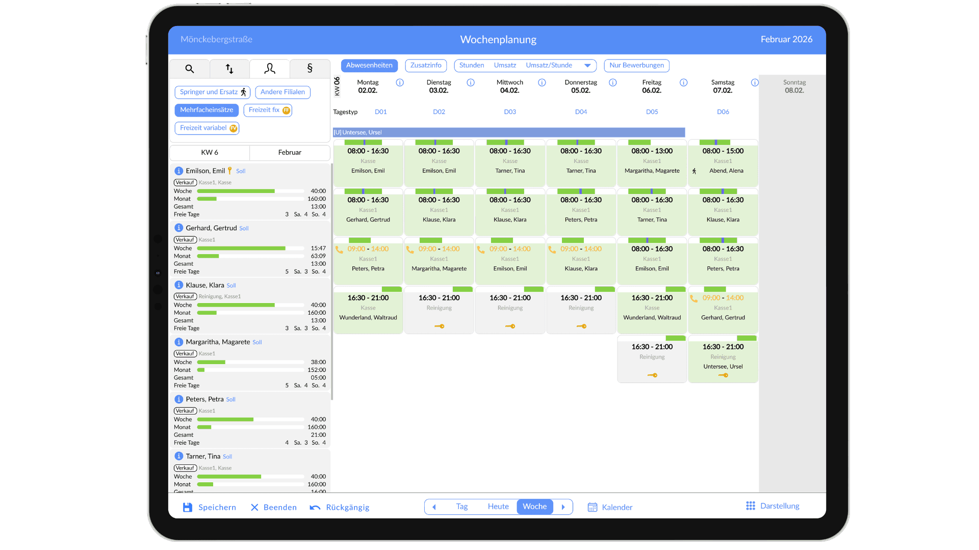 Tablet showing 'Wochenplanung' interface with grid for weekly scheduling and resource allocation.