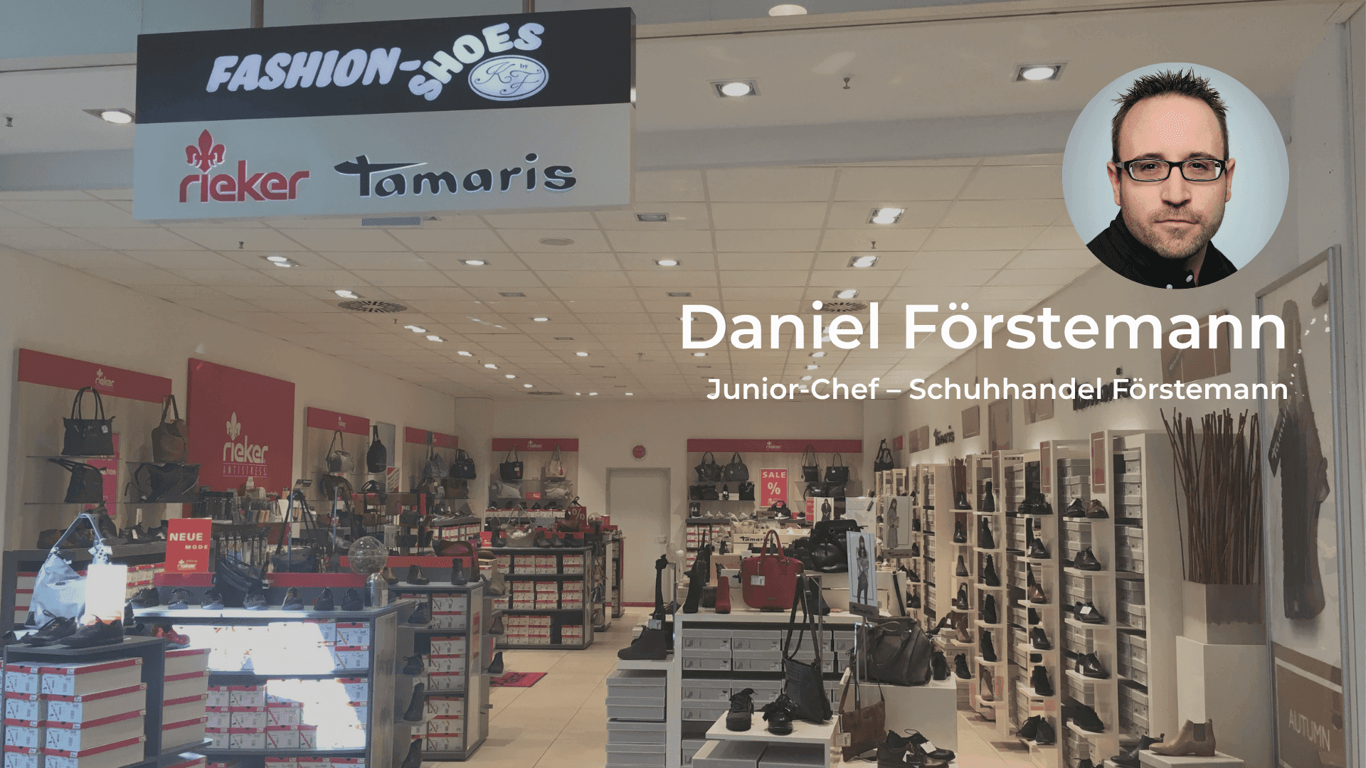 Shoe store interior with 'FASHION-SHOES' sign and overlaid text introducing Daniel Förstemann.