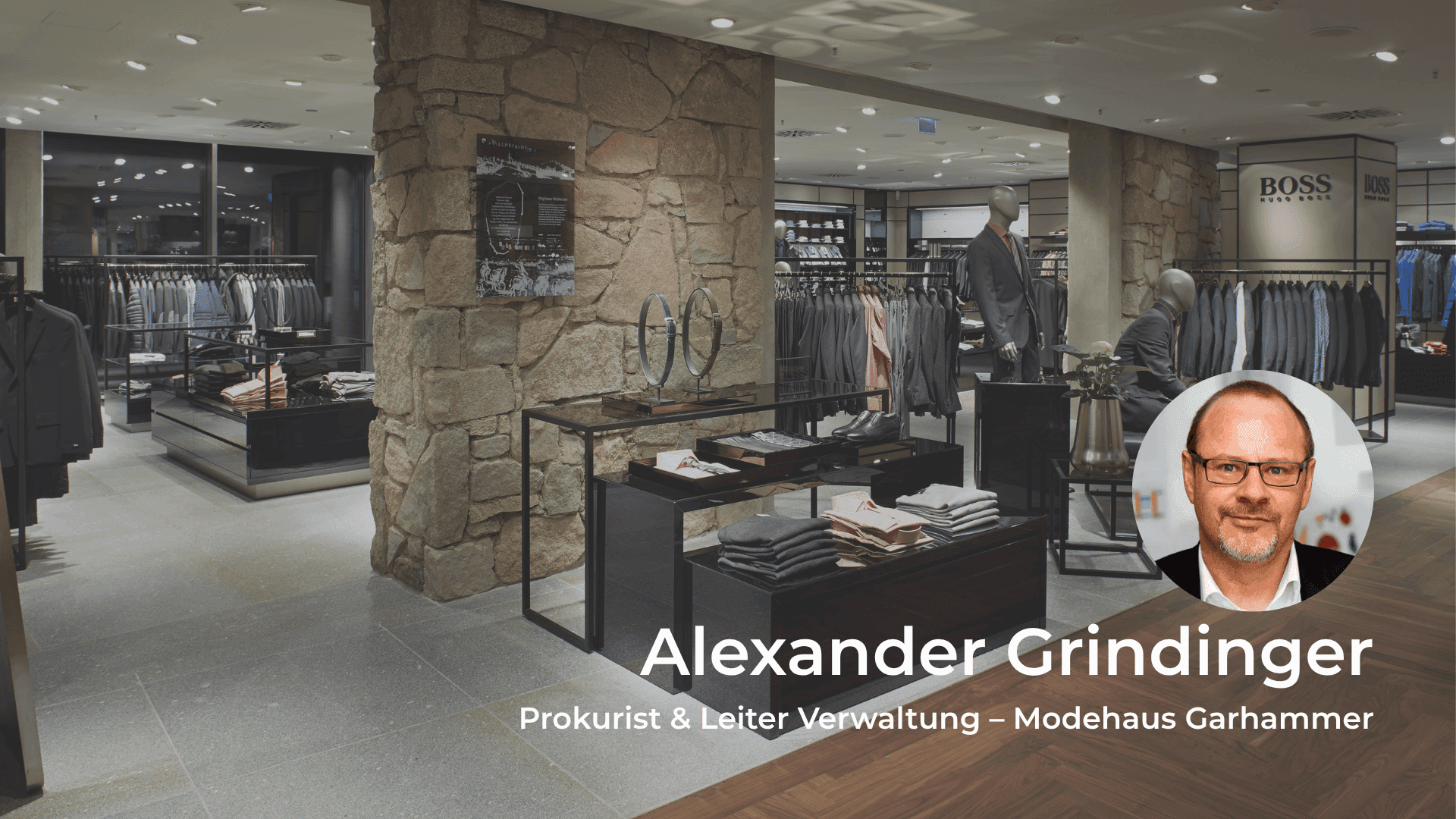 Modern clothing store interior with Alexander Grindinger's professional portrait overlay.