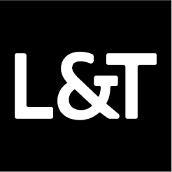 White block letters 'L&T' with an ampersand, centered on a solid black background.