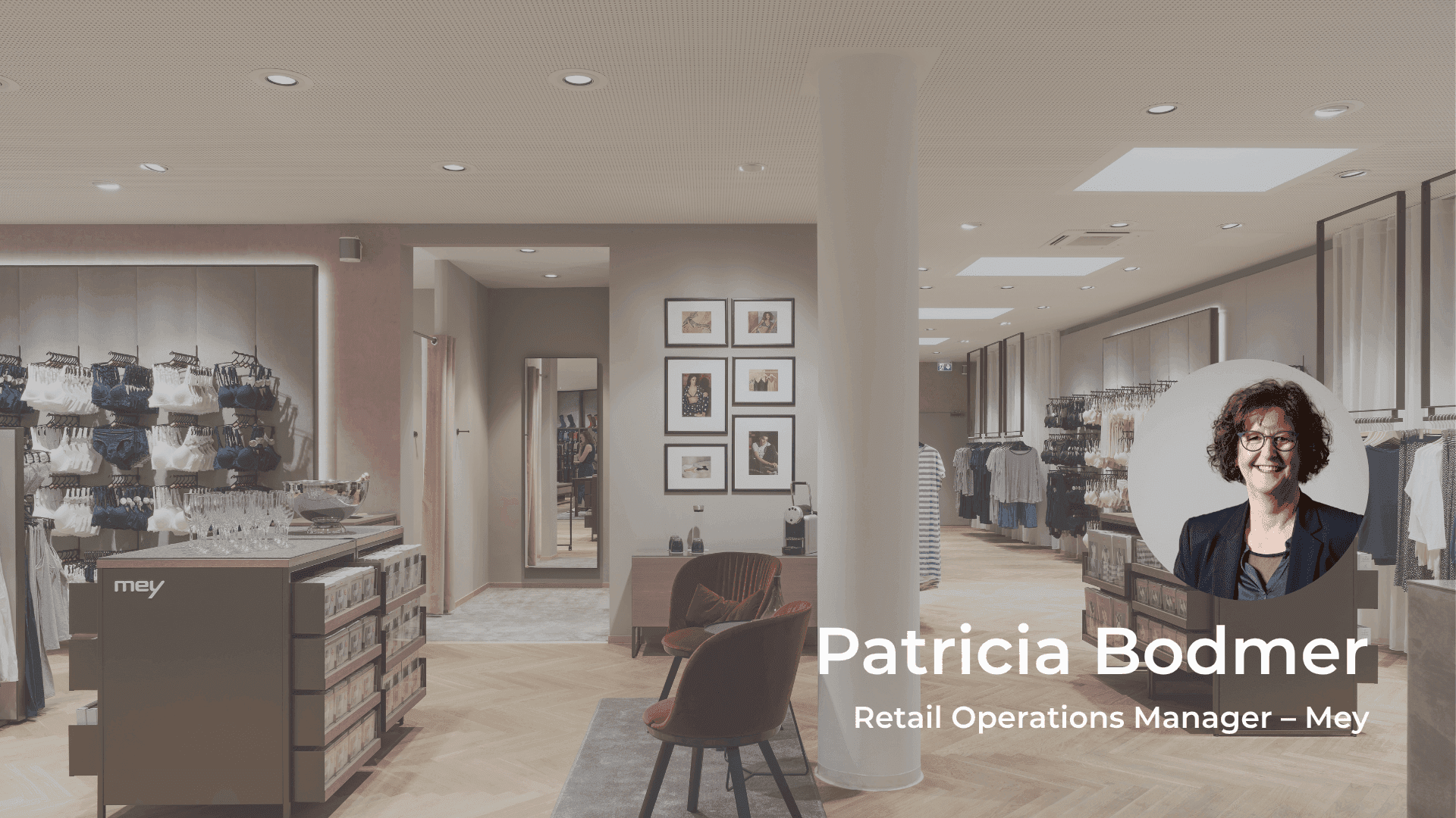 Modern retail store interior with clothing displays and headshot of Patricia Bodmer, Retail Operations Manager.