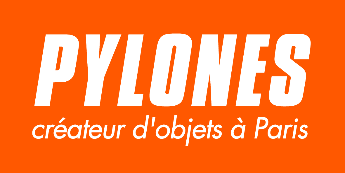 Pylones logo, creator of objects in Paris, on an orange background.