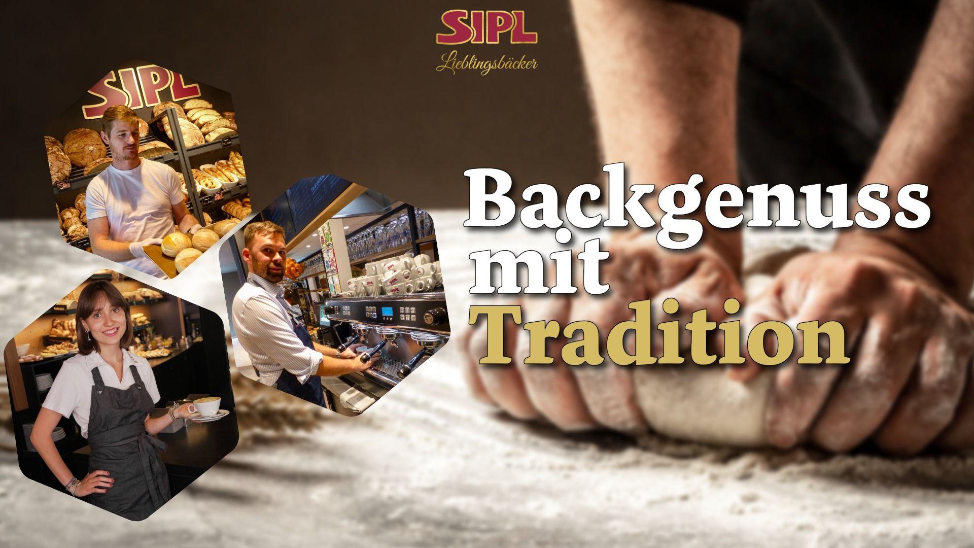 Hands knead dough on a floured surface, with bakers and the text 'Backgenuss mit Tradition'.