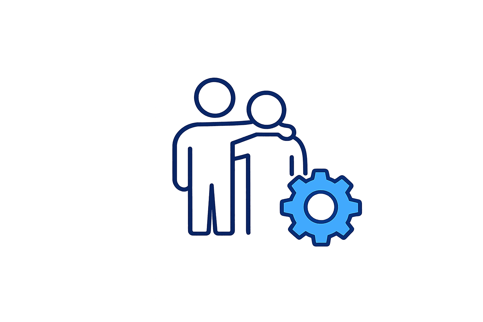 Two stylized people icons stand beside a blue gear symbol.