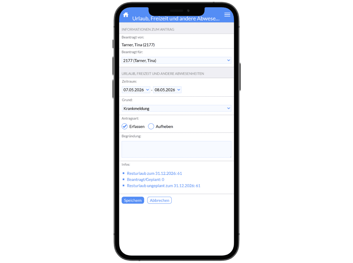 Mobile application form for managing absences, showing date selections and approval options.
