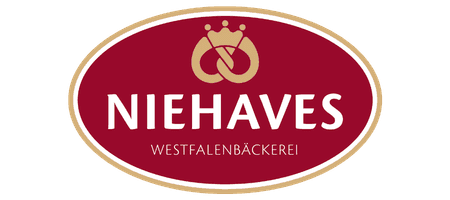 Niehaves Westfalenbäckerei logo with a pretzel and crown on a red oval.